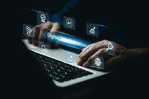 technology strategy for digital transformation involves the digitization of business processes and data. optimize customer service management. IoT and digital software Artificial Intelligence photo