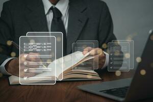 business management with document check list at work place. Man holding pen mark on checklist report virtual screen. photo