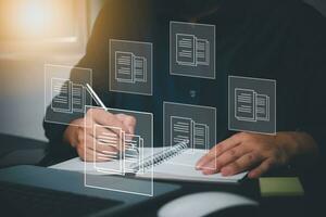 Document Management Concept. Online Information database System on virtual screen. photo