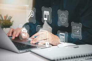 ERP Enterprise Resource Planning and Optimize Organization and Collaboration with Advanced Database and Server Smart Business Planning. document management concept with icons on virtual screen. photo
