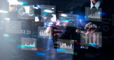 Business analyst dashboard Big data Management System Graphs Charts on virtual screen concept. businessman working information for Key Performance Indicators KPI and marketing analysis. photo