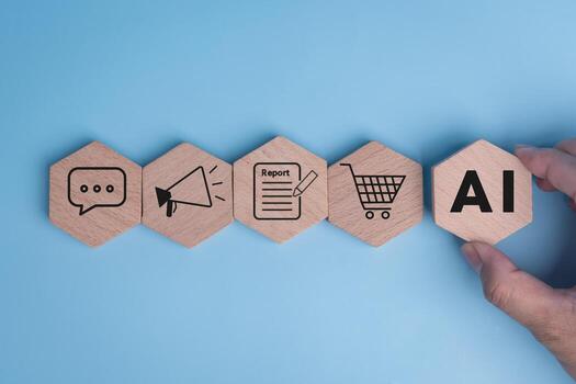 wood Artificial intelligence AI and CRM software automation technology.AI smart technology sales reports recording the sale of goods and making tax invoice. Robotic Process Automation RPA. photo