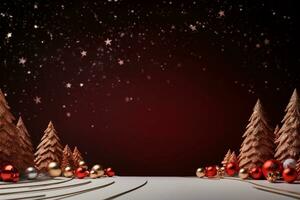 Festive winter holidays background. Christmas and New Year celebration. Christmas trees and balls. AI generated. photo