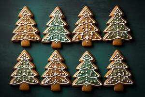 pan de jengibre Navidad arboles hecho en casa galletas en verde antecedentes. invierno Días festivos pasteles parte superior vista. ai generado. foto