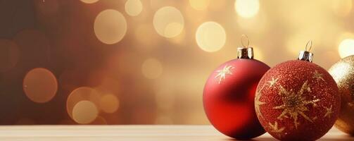 Christmas balls background banner with copy space. Christmas and New Year celebration. AI generated. photo