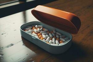 Box of white and orange pills and capsules on wooden table, close up. Healthcare and medicine concept. AI generated. photo