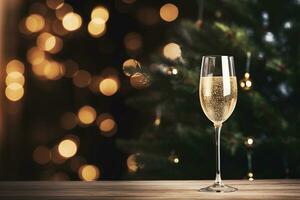 Glass of sparkling champagne on the table near Christmas tree. Christmas and New Year background with copy space. AI generated. photo