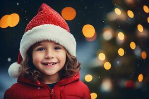 Happy little girl in Santa Claus hat on festive background with copy space. Christmas and New Year celebration concept. AI generated. photo