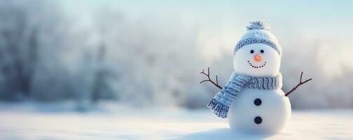 Cute snowman in a knitted bobble hat and scarf. Winter background banner with copy space. AI generated. photo