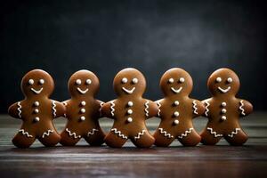 Gingerbread men homemade cookies on the table, copy space. Christmas pastries. AI generated. photo