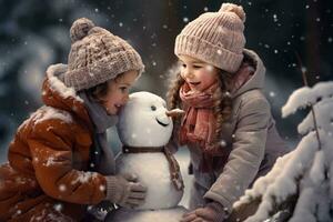 dos contento pequeño muchachas haciendo un monigote de nieve en un invierno día. ai generado. foto