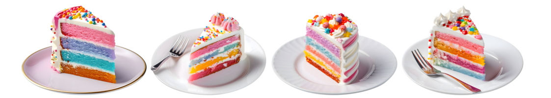 Scheibe von Regenbogen Kuchen auf Teller oben Aussicht mit transparent Hintergrund, glatt verwischen Rand, generativ ai png