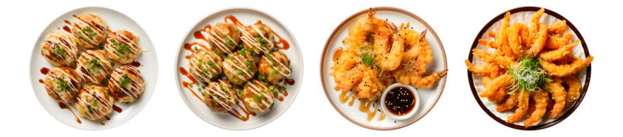 japonés comida takoyaki y tempura en plato parte superior ver con transparente fondo, suave difuminar borde, generativo ai png