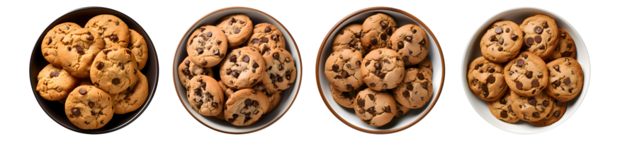 foncé Chocolat puce biscuits sur bol, Haut vue avec transparent arrière-plan, lisse brouiller bord, génératif ai png