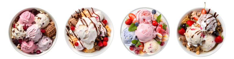 Ice cream on white bowl, top view with transparent background, smooth blur edge, Generative AI png