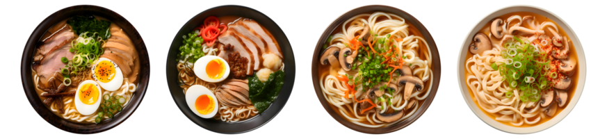 ásia macarrão sopa, ramen em tigela, topo Visão com transparente fundo, suave borrão borda, generativo ai png