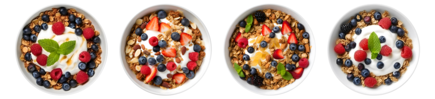 Bowl of homemade granola with yogurt and fresh berries, top view with transparent background, smooth blur edge, Generative AI png