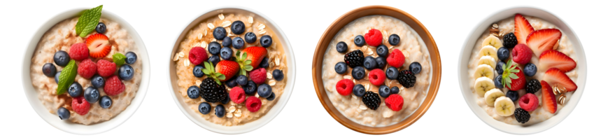 Bowl of homemade Oatmeal with yogurt and fresh berries, top view with transparent background, smooth blur edge, Generative AI png