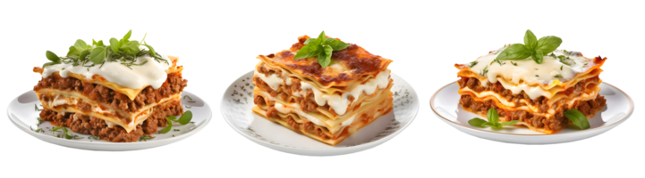 Tasty hot Lasagna served with a basil leaf on white bowl, side view with transparent background, smooth blur edge, Generative AI png