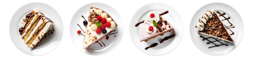 Scheibe von Kuchen auf Teller oben Aussicht mit transparent Hintergrund, glatt verwischen Rand, generativ ai png