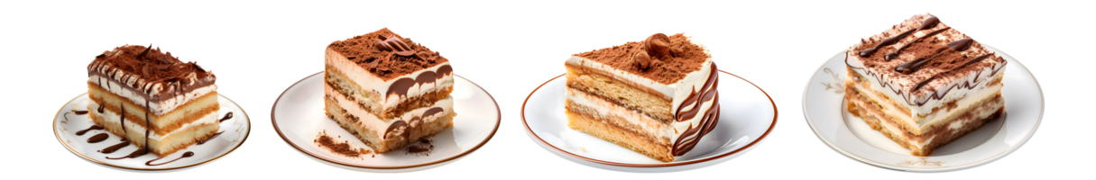 Scheibe von Tiramisu Kuchen auf Teller oben Aussicht mit transparent Hintergrund, glatt verwischen Rand, generativ ai png