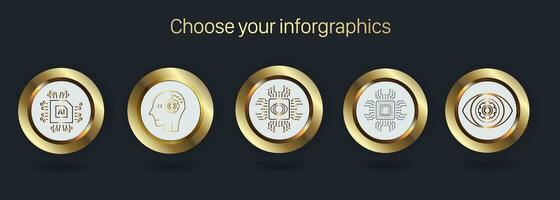 FIVE premium Artifitual Intelligence Buttons concept, golden AI buttons version on a dark background vector