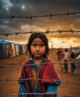 ai generado sucio cara profundo Mira triste niños a refugiado acampar, guerra, clima cambiar, y global política concepto foto