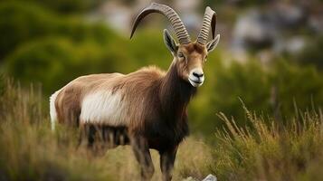 Wild mountain brown and black goat with long horns standing on grass. Generative AI photo