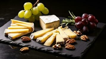 Tasty fresh sliced cheese and ripe grapes placed on black board with nuts and rosemary sprigs. Generative AI photo