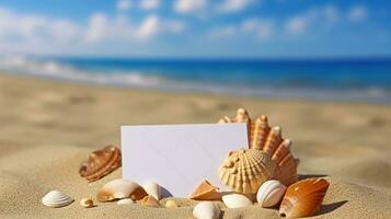 Seashells with blank card on sand beach, Generative AI photo