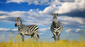 Zebra with blue storm sky. Wild animal on the green meadow. Wildlife nature. Generative AI photo