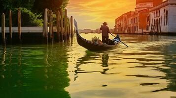 The Graceful Journey of a Venetian Gondolier, Punting through the Emerald Canals of Venice, Italy. Generative AI photo