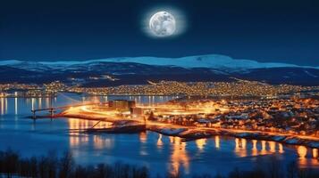 ártico ciudad de tromso con puente, tromsø, elementos de esta imagen amueblado por nasa generativo ai foto