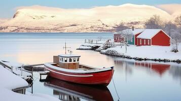 rojo de madera barco cubierto con capas de nieve, hermosa invierno paisaje con nieve cubierto rojo casa, generativo ai foto