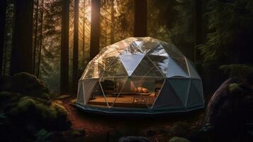 Campsite geodesic glamping bubble dome with leds in the forest. Generative AI photo