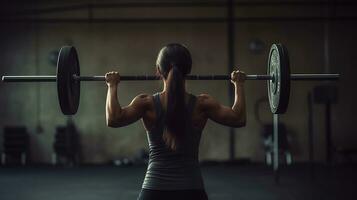 un mujer haciendo ejercicio con barra con pesas en un gimnasia. generativo ai foto