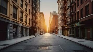 Empty street at sunset time in SoHo district, New York. Generative AI photo