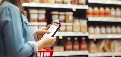 Side view of caucasian woman scans qr code of product using smartphone. Shelves with food in background. Copy space and mock up, Generative AI photo