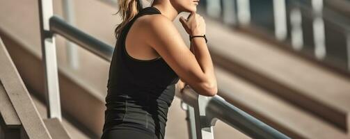 Side view of tired young sportswoman in black sportive outfit and sunglasses leaning forward on railing on stadium tribune while resting after outdoor workout. Generative AI photo