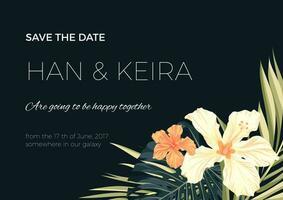 tropical wedding invitation with palm leaves and flowers vector