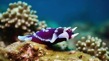 Majestic Underwater Dance, Dark Purple and White Nudibranch Gracefully Crawling on a Natural Reef in the Depths of the Blue Sea. Generative AI photo