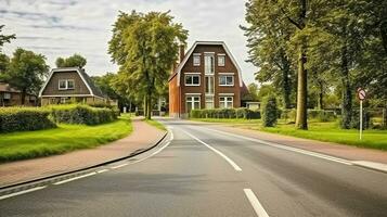 Asphalt roadway against dwelling building exteriors and meadows with trees under cloudy sky. Generative AI photo