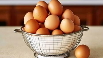 Abundant Brown Chicken Eggs Nestled in a White Colander on a Cozy Home Kitchen Table. Generative AI photo