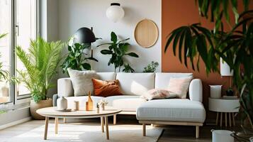 Cozy modern bright light living room with sofa, Generative AI photo
