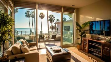 Luxury ocean beach house apartment suite lounge living room, Generative AI photo