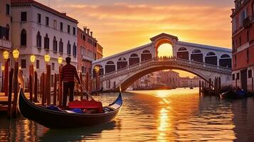 A Gondola Navigates the Waters with the Majestic Rialto Bridge as a Backdrop. Generative AI photo