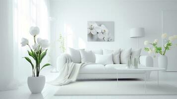 Modern white interior design with spring decoration, Generative AI photo