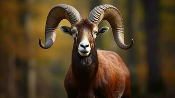 Mouflon, Ovis orientalis, forest horned animal in the nature habitat, portrait of mammal with big horns, Generative AI photo