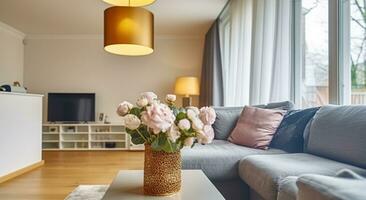 Contemporary living room interior with cushions on couch against blooming flowers in vase on table under lamp in house. Generative AI photo
