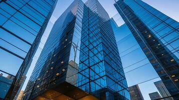 From below of entrance of office building next to contemporary high rise structures with glass mirrored walls and illuminated lights in city against cloudless blue sky. Generative AI photo